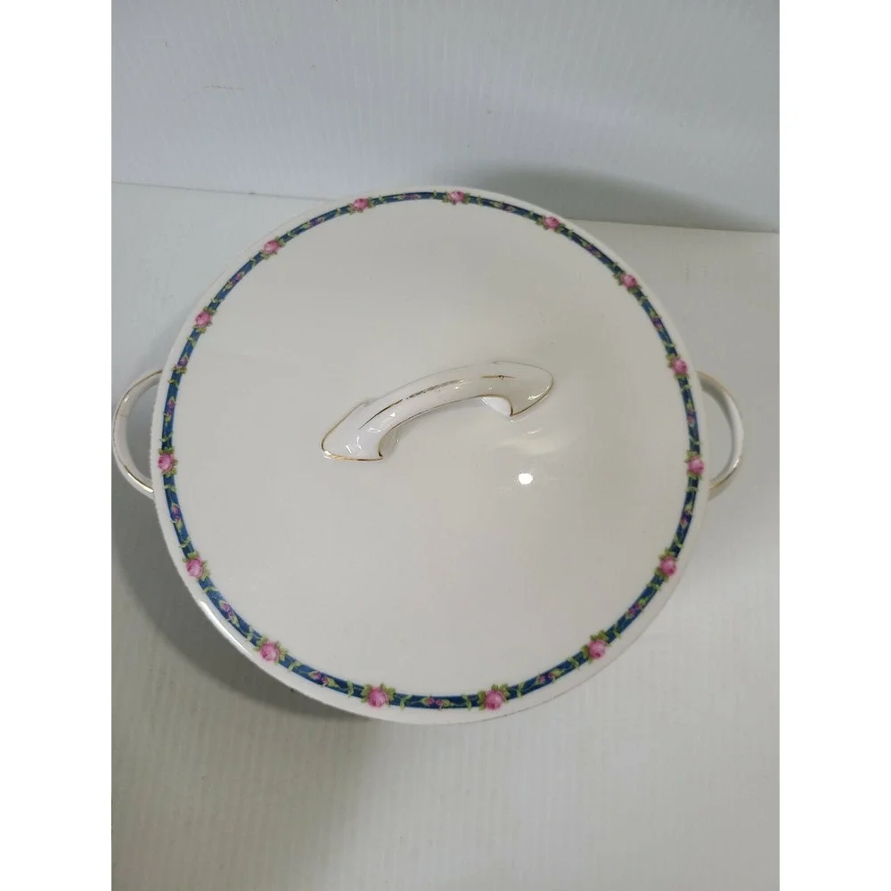 J & C TRIANON Bavaria Round Covered Serving Dish Bowl Pink Roses Blue Ribbon